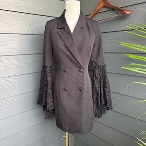 Blithe Black Blazer Dress Lace Bell Sleeve Double Breasted Mini Women's S